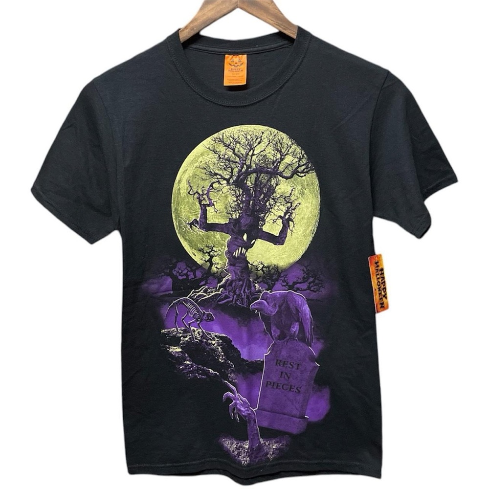 Halloween spooky night full moon tree zombie skeleton cat front graphic T-shirt